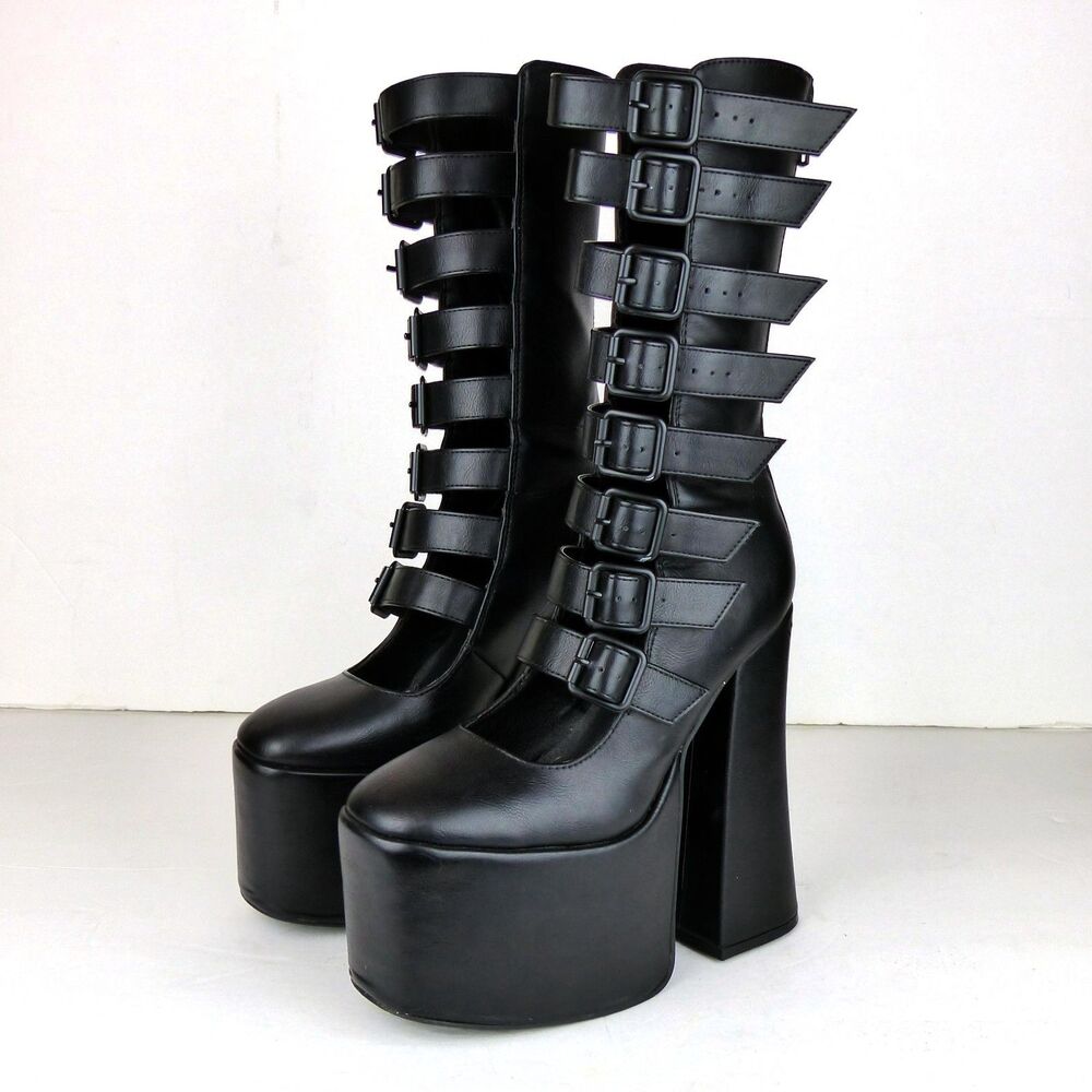 Widow Strappy Buckle Boots 6M Black Vegan Leather Gone Haywire Platform Gothic - Picture 8 of 16